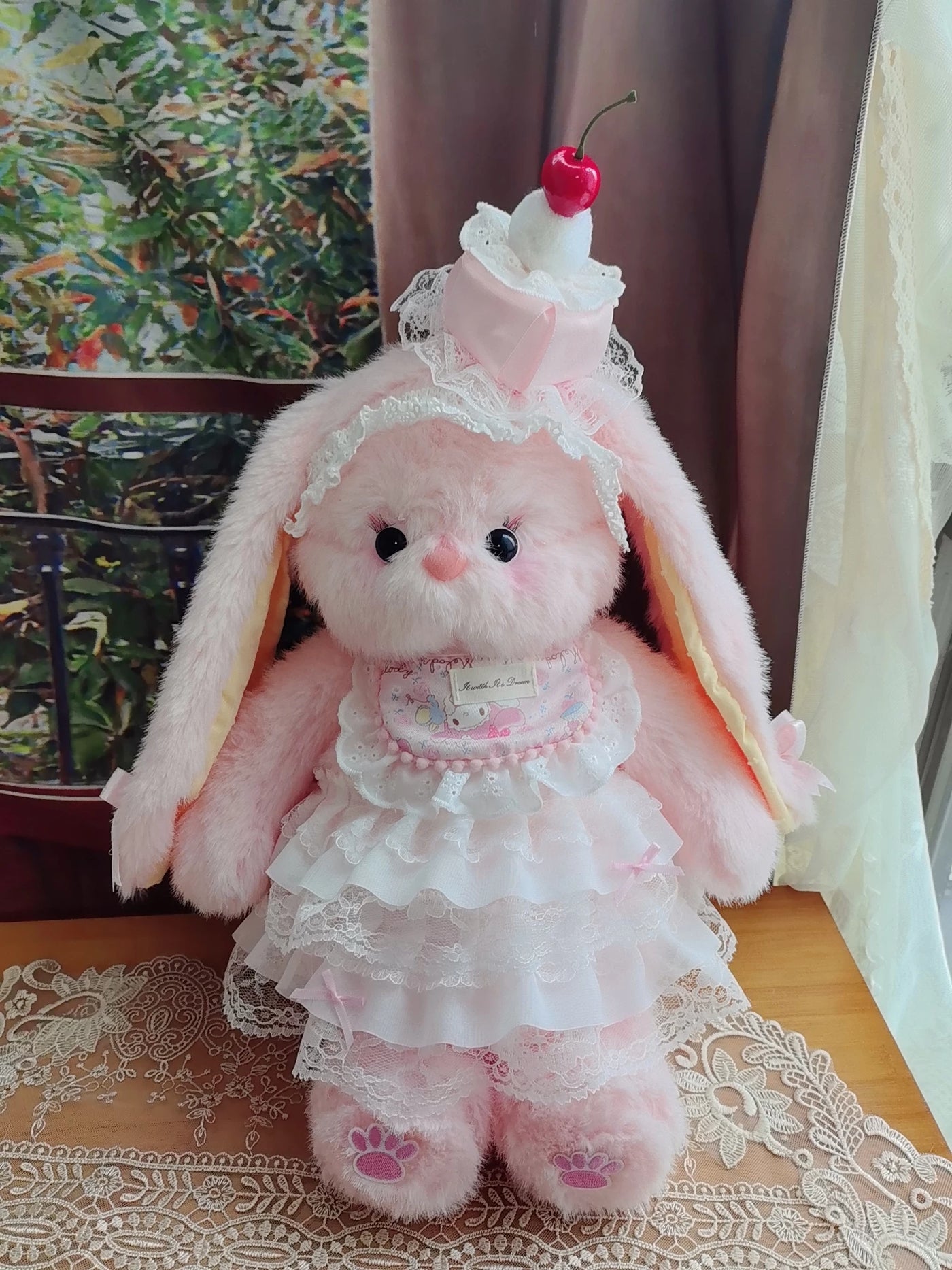 Black plush bunny Lolita bag with bow detail, hand-carry style