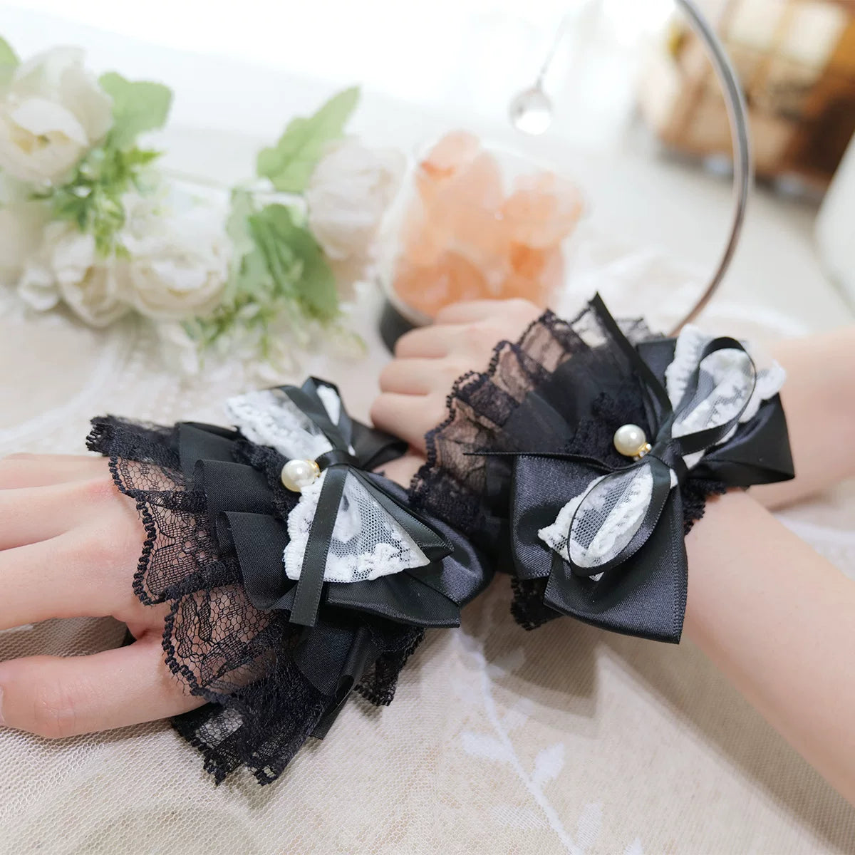 Fantasy Doll - Pearl Bow Lace - Wrist Cuffs with Pearl Accents