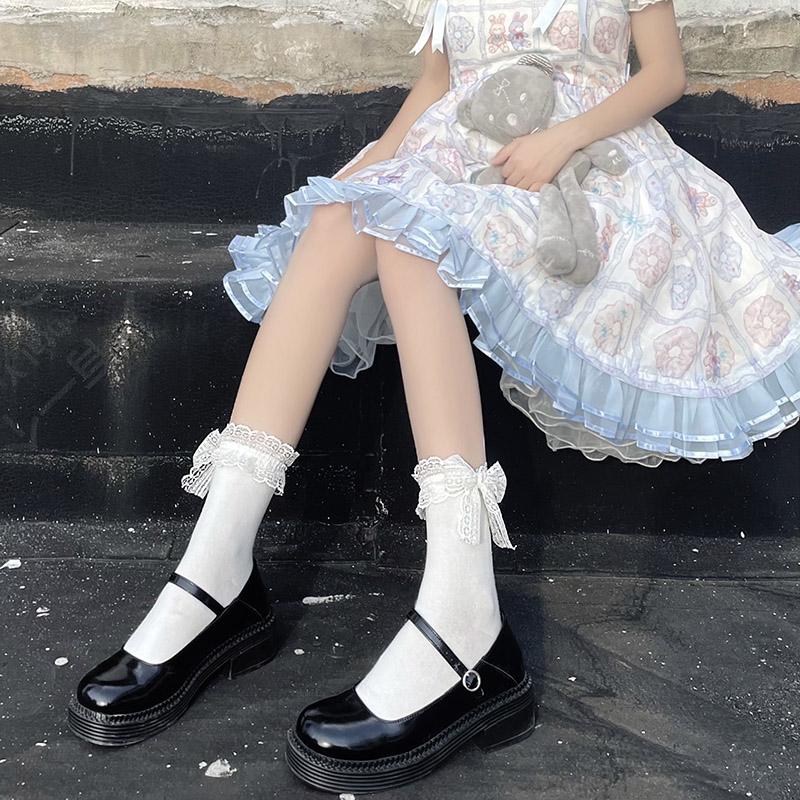 Floral Milk Cat - Lace Bow Tube - Tube Socks with Lace Cuffs and Bow Ties