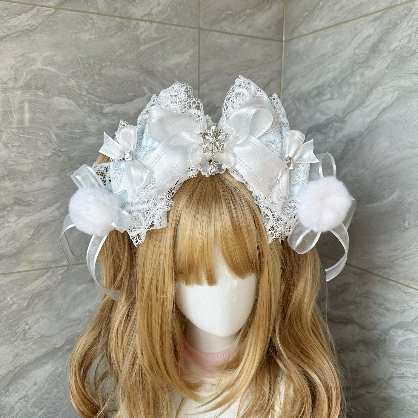 candycoco - Snowflake Ribbon - Lace Bow Headband with a Jeweled Centerpiece