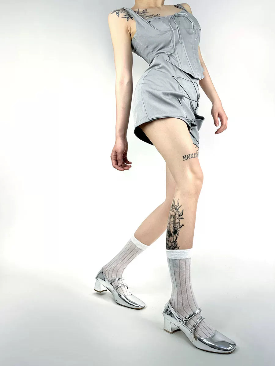 White Socks - Vertical Stripe - Ribbed Calf Socks with Slouch Folds