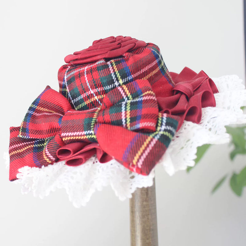 Laura's Doll Red Plaid Lolita Bonnet & Headbow Options — Mini Hat