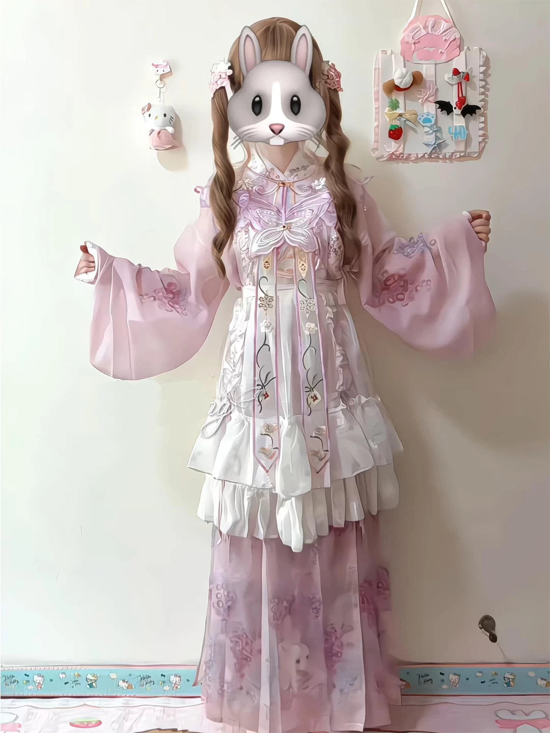 Creamy purple layered Lolita set with embroidered overskirt, cloud cape and grape pendant