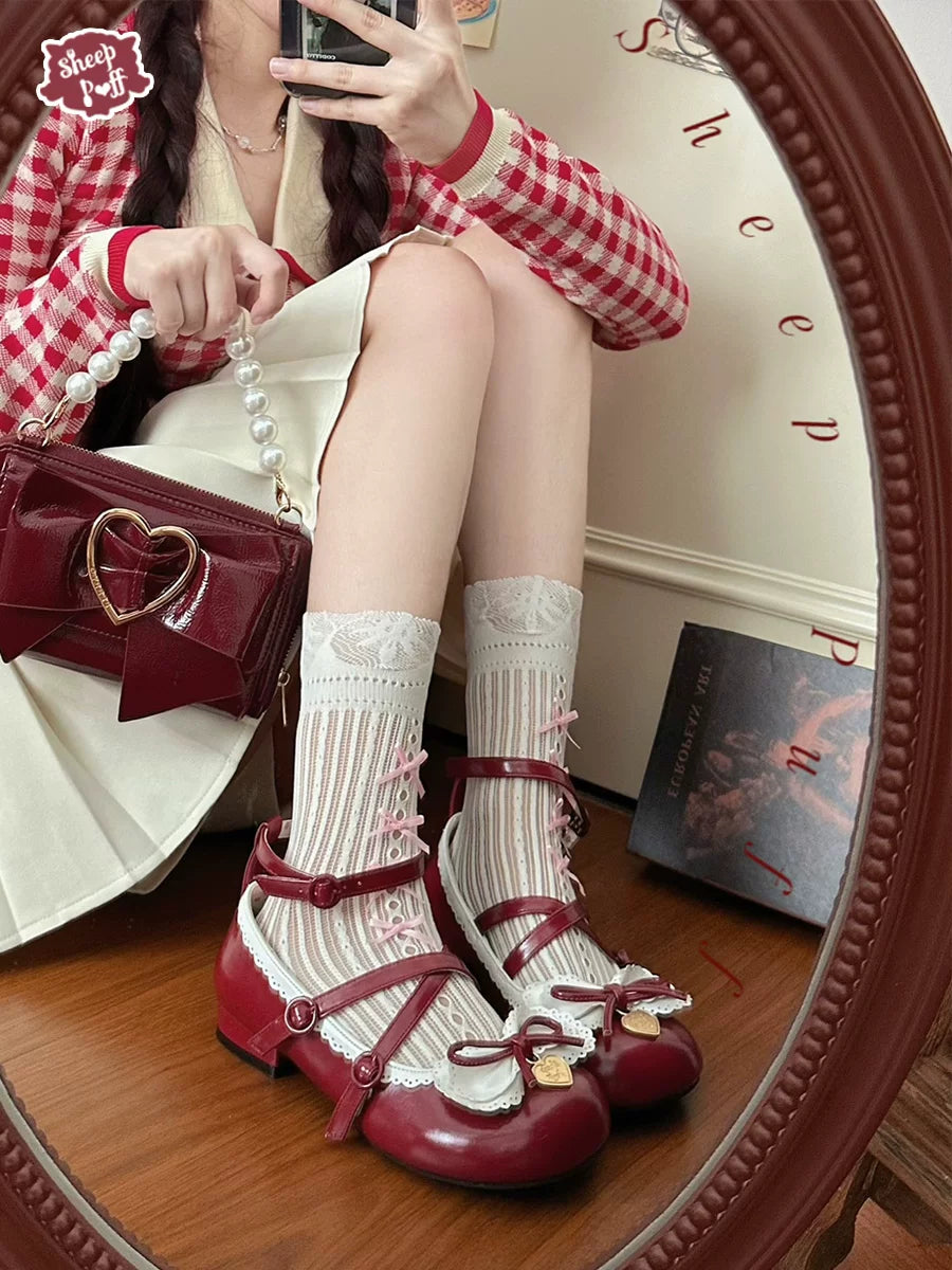 Sheep Puff Sweetheart Roll low heel Lolita shoes featuring a cute sheep puff design and rounded toes, perfect for feminine fashion.