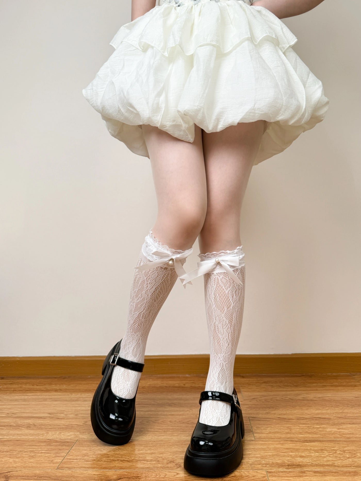 Chubby Bear Tales - Jennifer - Mid-Calf Socks with Openwork Lace and Ribbon Bows