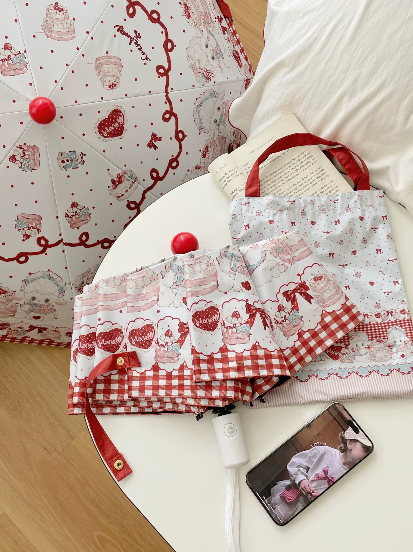 Independent Brand - Little Sheep - Printed Lolita Parasol with Red Plaid Border