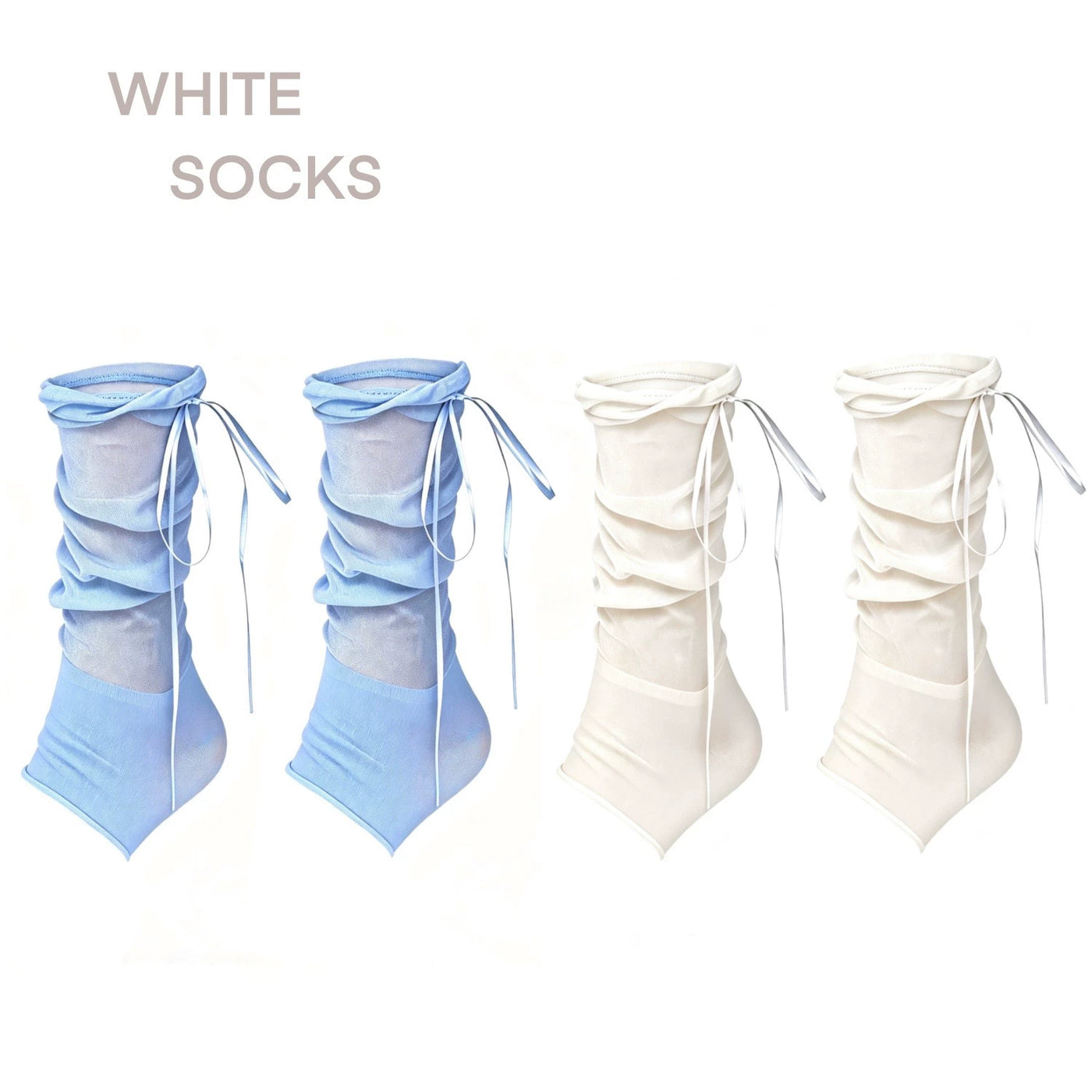 White Socks - Ribbon Ruffle - Mid-Calf Stirrup Slouch Socks with Ribbon Bow Ties