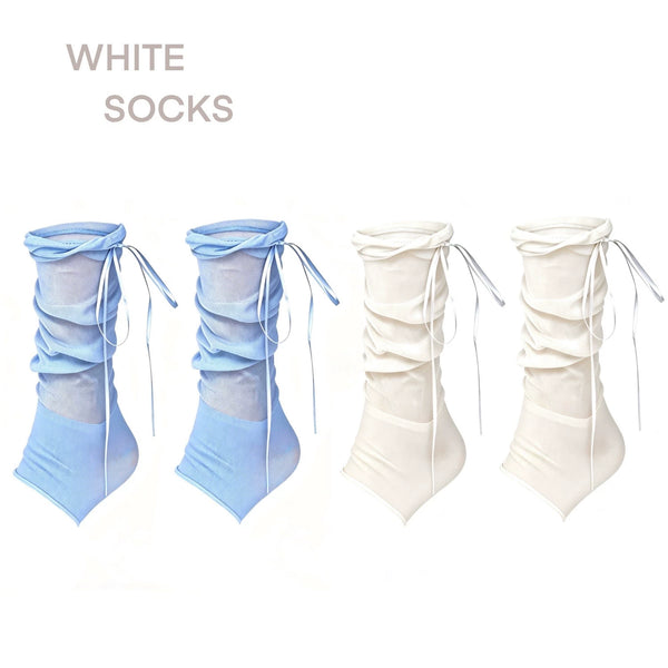 White Socks ruched blue and white stirrup socks with long side ties