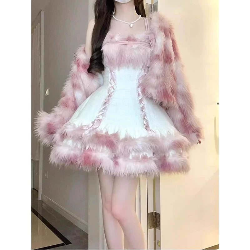 Creamy - Pink Plush Layering - Pink Plush Jacket and Suspender Dress Set with Fluffy Trim