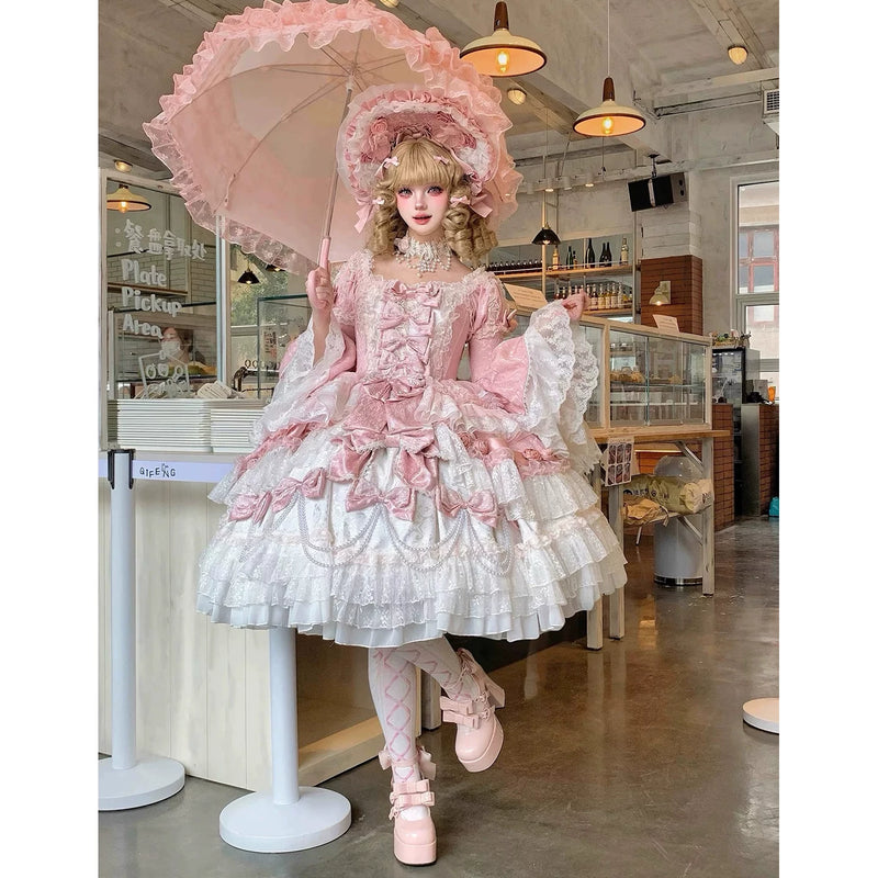 Emoji Dream - Sweet Lolita Formal Gown - Pink and white tiered ball