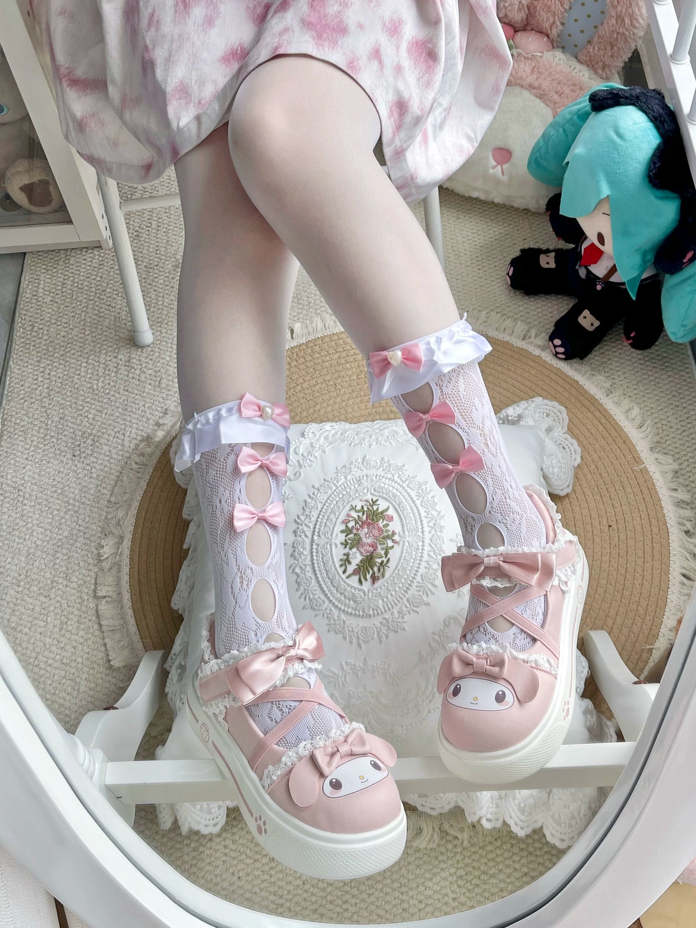 Fantasy Doll - Ribbon Lace - Mid-Calf Socks with Satin Bows and Oval Cutouts