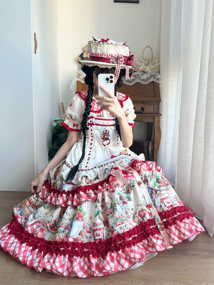 Dream Bunny - December Strawberry Field - Strawberry-Print One-Piece Dress with Red Gingham Ruffles