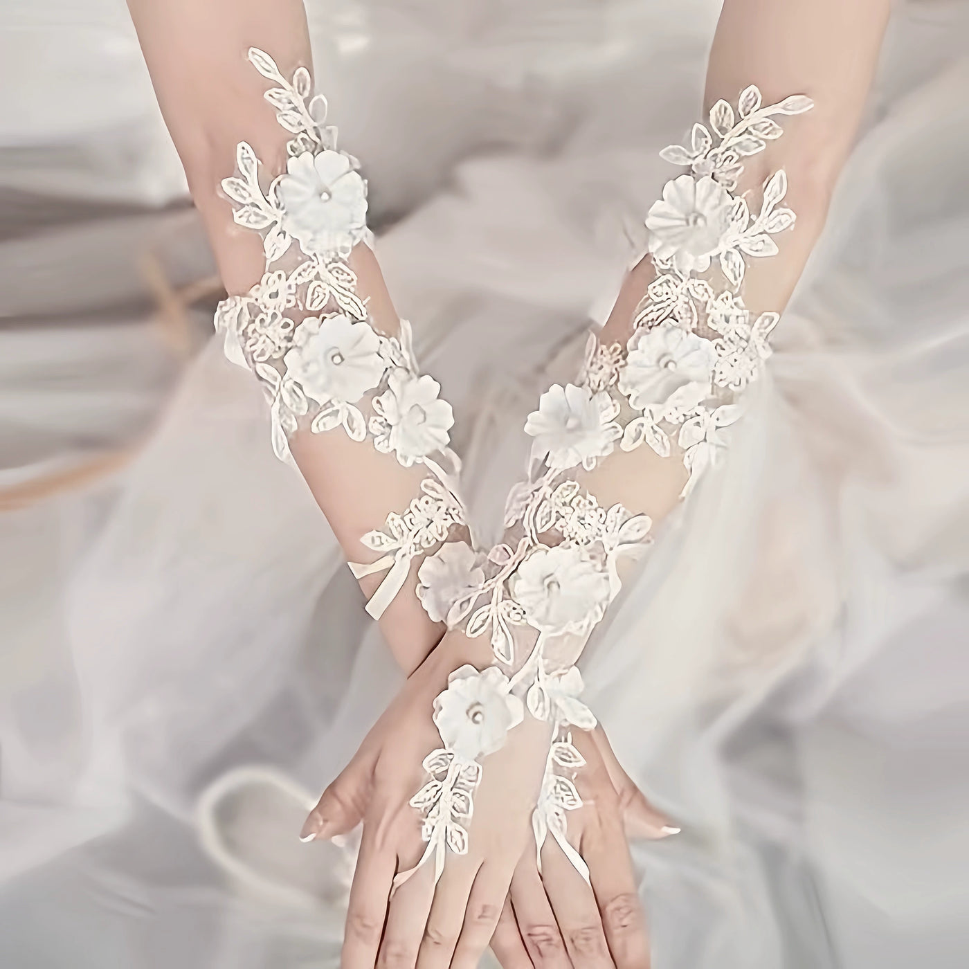 Little Fortune - Floral Lace Bridal - Lace Hand Sleeves with Finger-Hook Ties