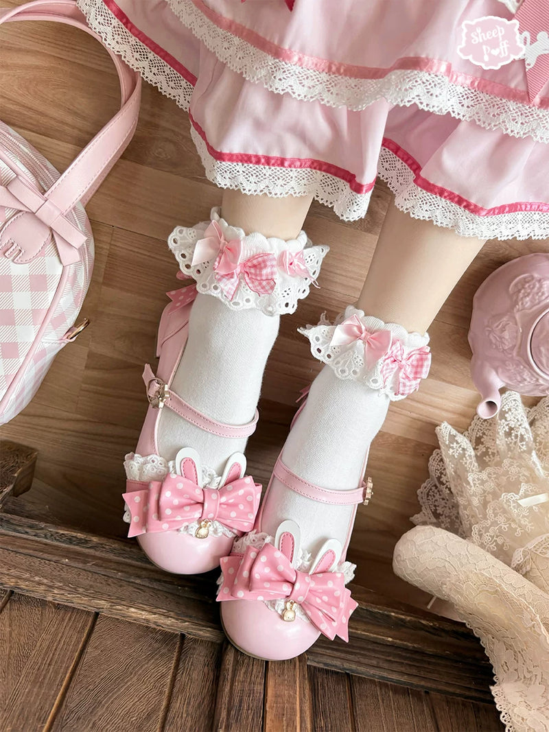 Sheep Puff Bunny Jam Lolita Shoes featuring cute bunny design, white and pastel colors, and detailed lace-up style.