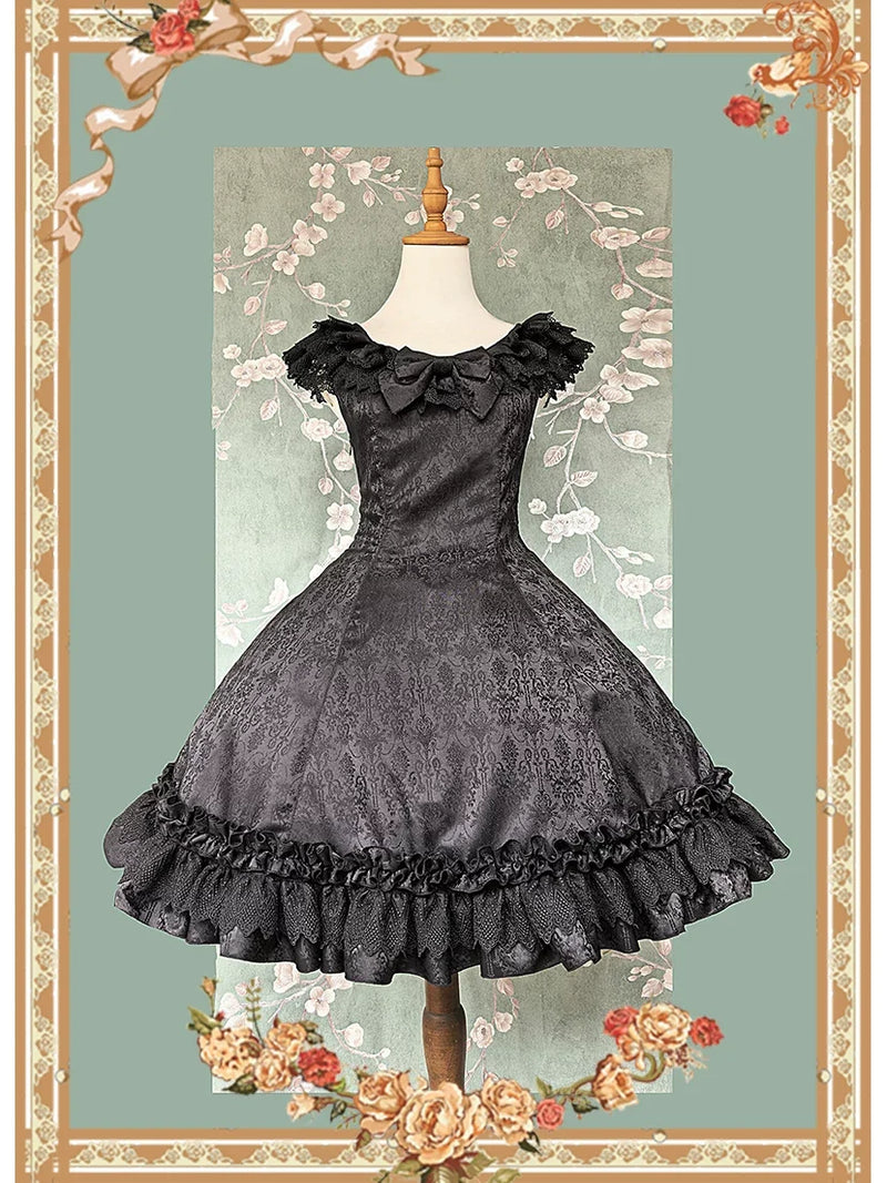 Canon Of Floral Melody - Gothic Lolita Black JSK Dress, Jacquard Pattern Black JSK Only S