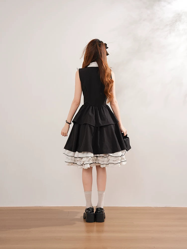 Miyou - Monochrome Polka-Dot Ruffle - Black-and-White Polka-Dot Paneled JSK Dress with Layered Ruffles