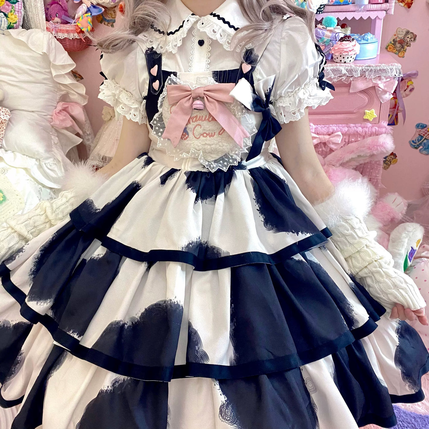 Tata Long Ear - Milk Cake Cow Print - Cow-Print JSK Dress with Three-Section Skirt