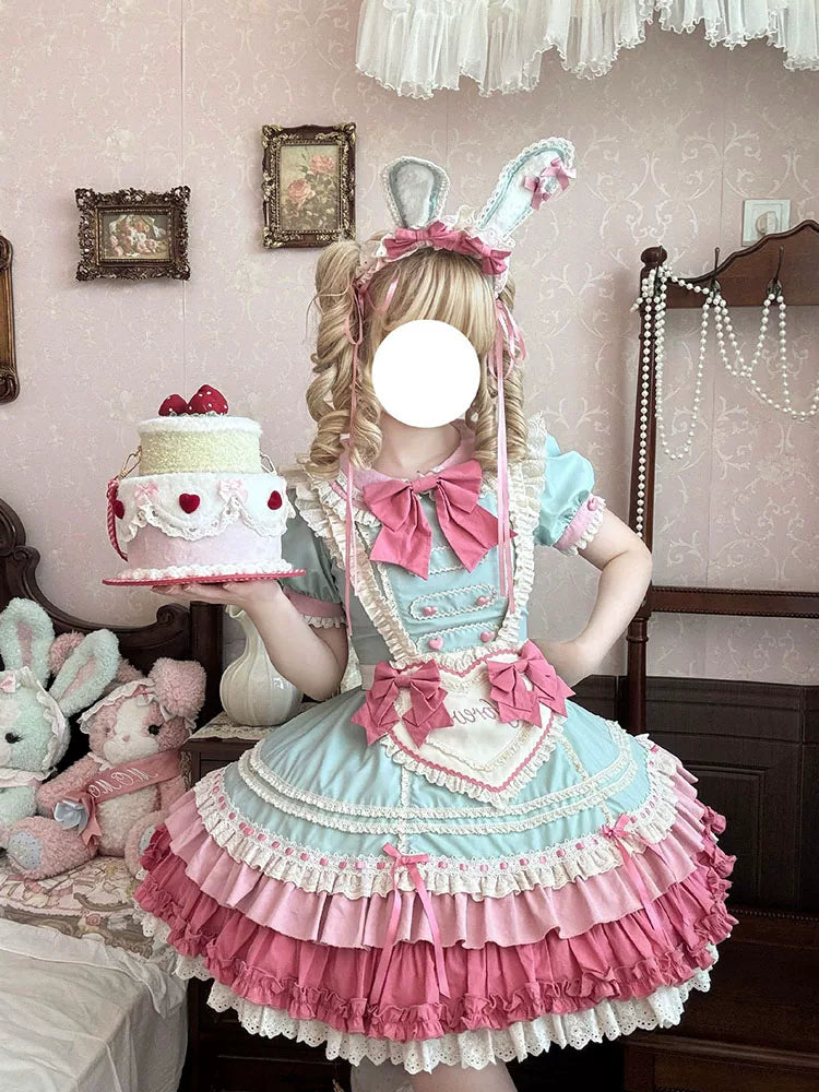 White Sugar Girl - Sweet Lolita Bunny Dress - Pastel mint and pink