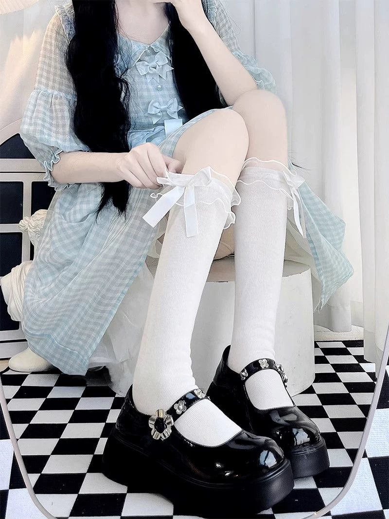 Floral Milk Cat - Bow Lace - Knee-high socks with ruffled tops and side bows