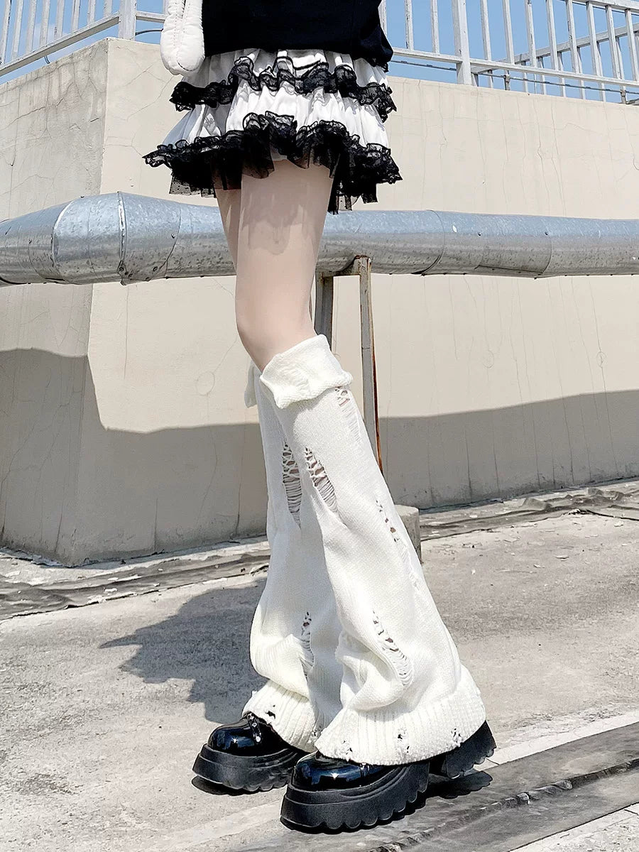 Floral Milk Cat - Ripped Knit - Long Knit Leg Warmers with Ripped-Hole Detail