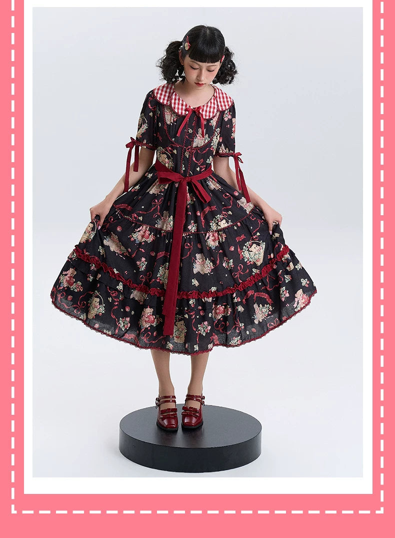 Thousand Wood - Little Bear's Strawberry Garden - Printed OP Dress with Gingham Collar
