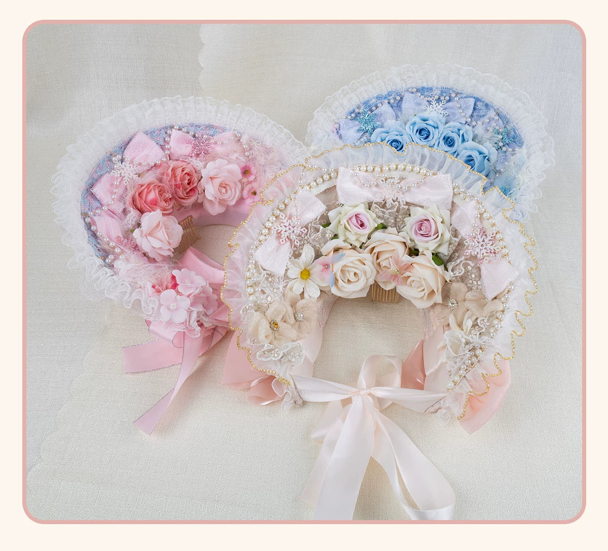 Stardust Rose - Pearl Rose Garden - Bonnet-Style Flat Hat with Rose Florals