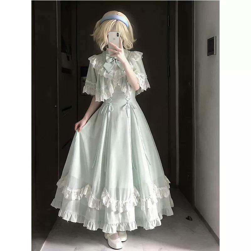 Creamy - Green Apple Lace - OP dress with a lace cape