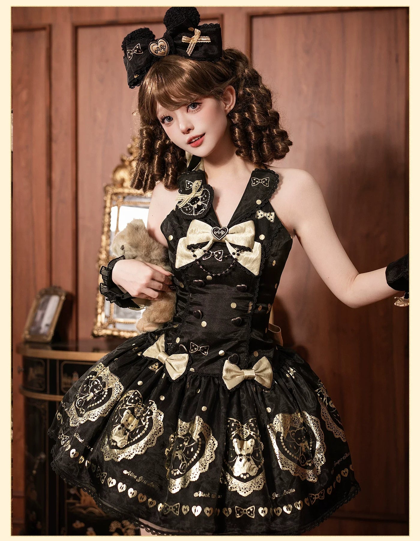 Alice Girl - Brown Sugar Bear - Old School Lolita OP & Halter Dress, Bear Print