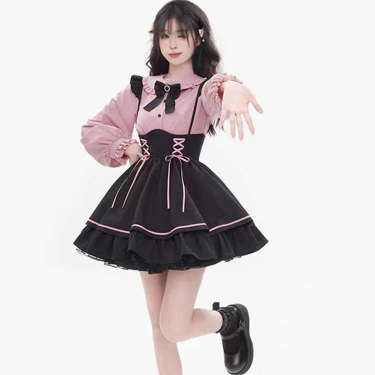 Sweetheart Dream Machine - Pink Ribbon Pinafore - Black Pinafore Dress Set with Pink Lace-Up Ribbons