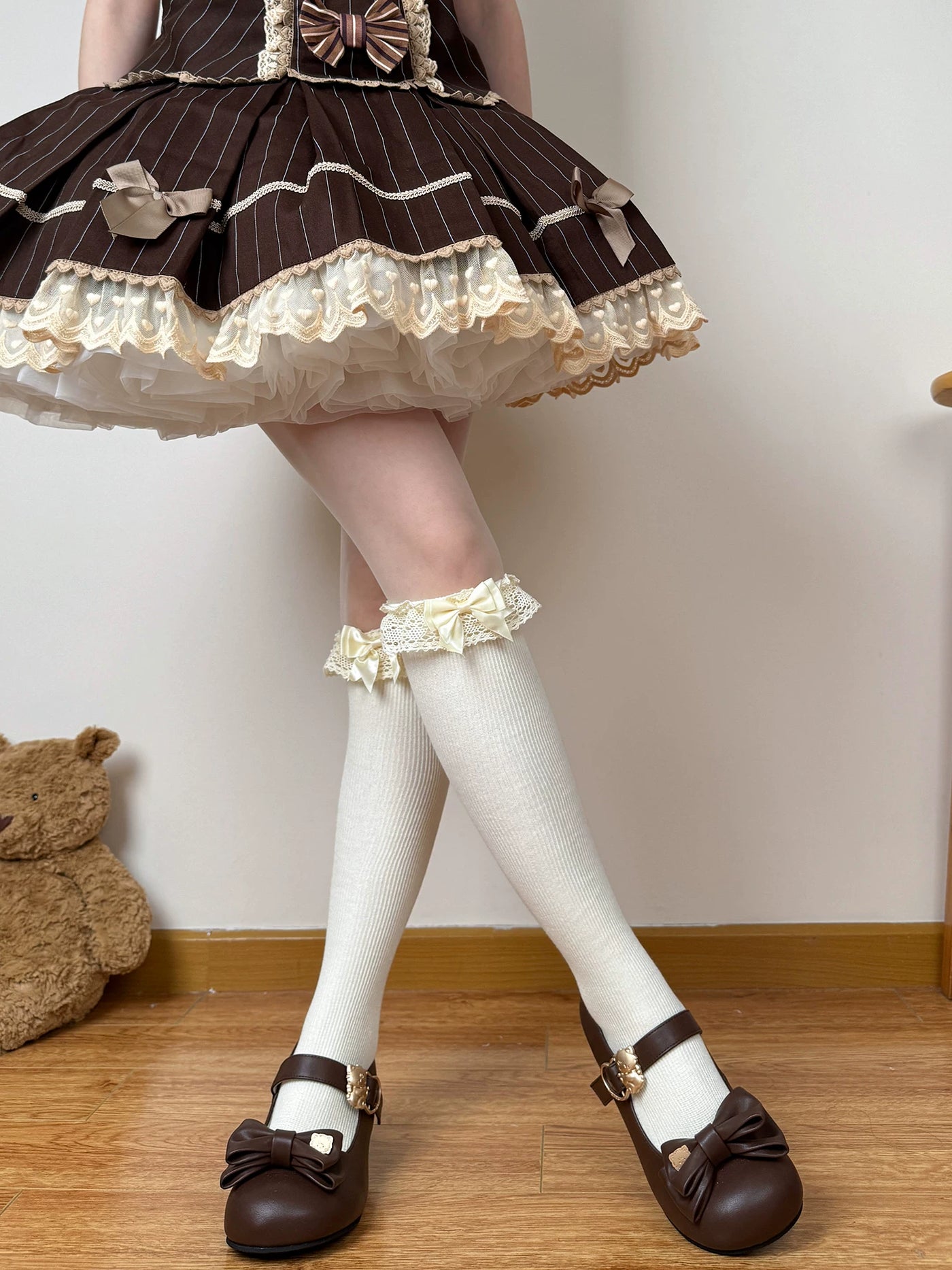 Chubby Bear Tales - Caramel Cocoa - Calf and Mid-Calf Socks with Lace Cuffs