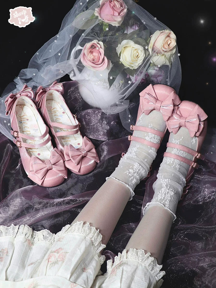 Sheep Puff Little Kate satin gloss mid heel Lolita shoes featuring a glossy finish and elegant design.