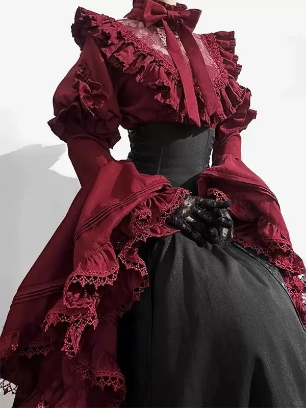Creamy - Gothic Red & Black - Red Blouse and Skirt Set with Layered Ruffles