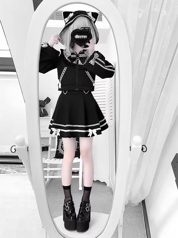 Creamy - Black Cat-Ear College - Black Jacket and Half-Skirt Two-Piece Set with Bow Trim