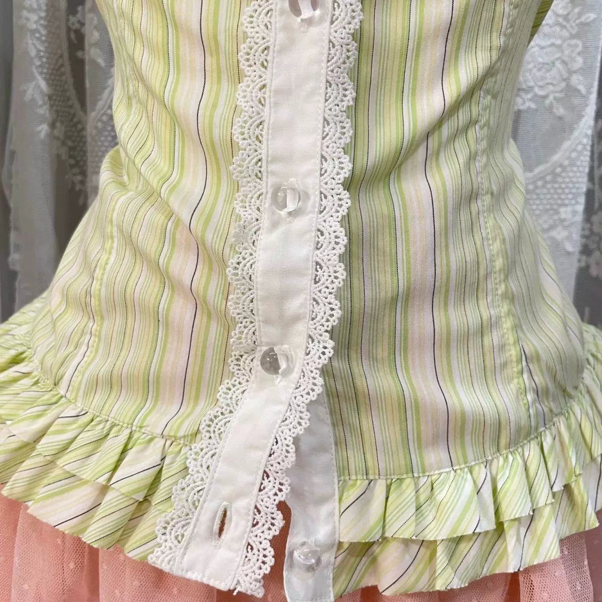 Sweetheart Dream Machine - Vintage Stripe - Green Striped Short-Sleeve Top with Lace Collar