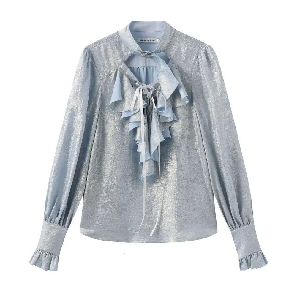 Gothic pirate Lolita blouse in metallic silver with tiered front ruffles and high neck keyhole cutout