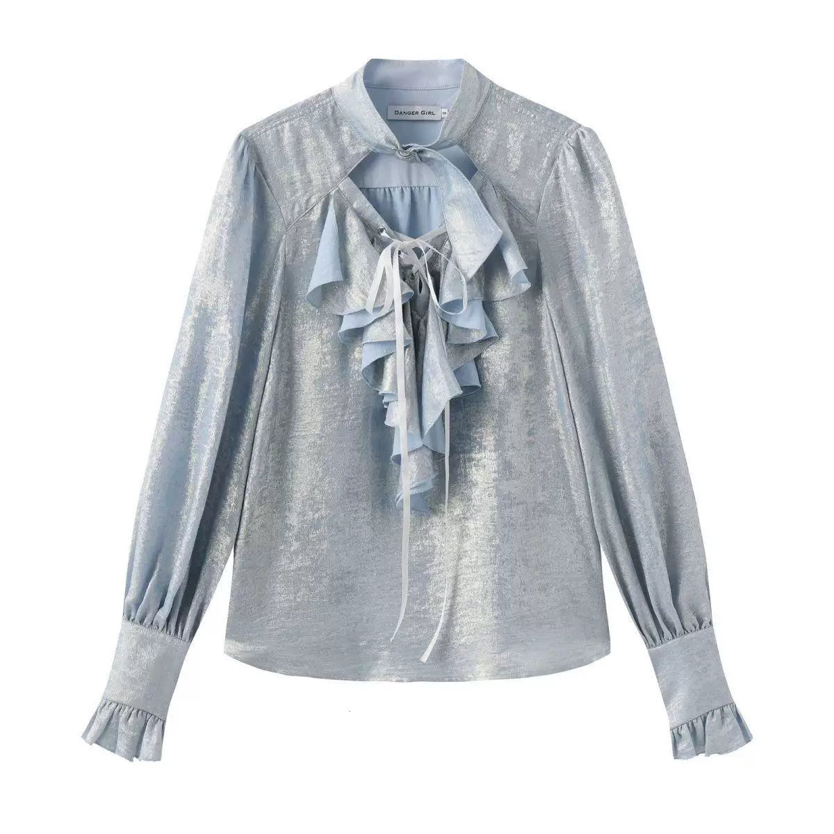 Gothic pirate Lolita blouse in metallic silver with tiered front ruffles and high neck keyhole cutout