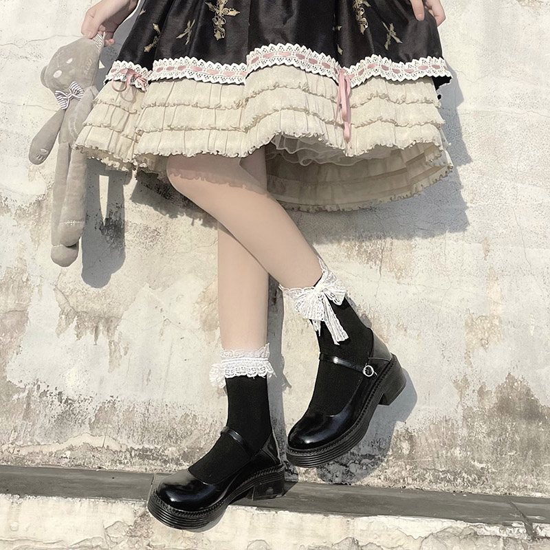 Floral Milk Cat - Lace Bow Tube - Tube Socks with Lace Cuffs and Bow Ties