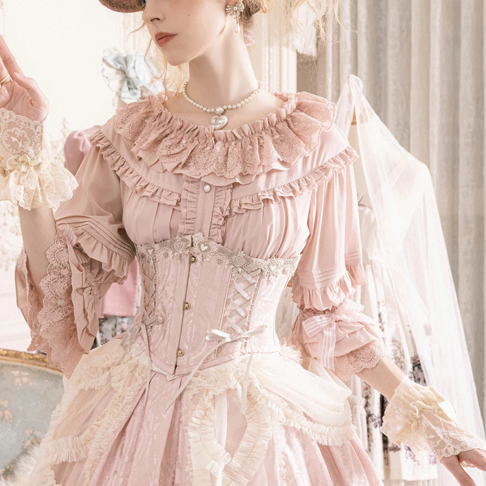 Krad Lanrete Mary's Portrait short waist corset shown in light pink and pale blue colourways with side lacing.