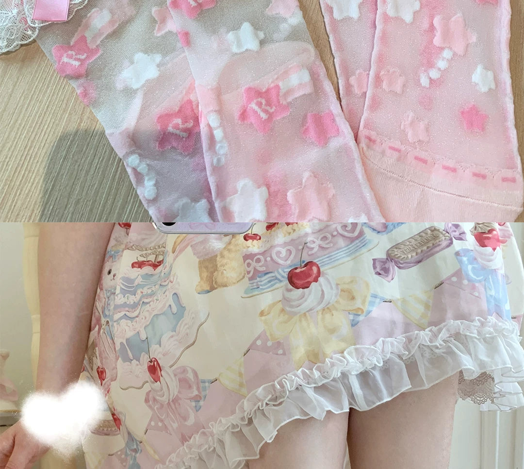 roji roji - Twin Star - Sheer Mid-Calf Socks with Lace Cuffs and Bow Accents