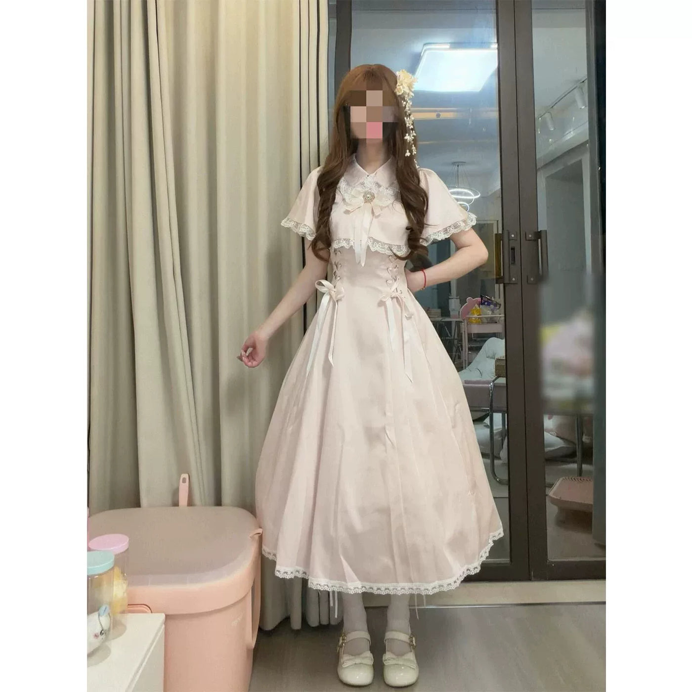 Creamy - Pink Cape - Pink Lolita long dress with a lace-trimmed cape and waist ties