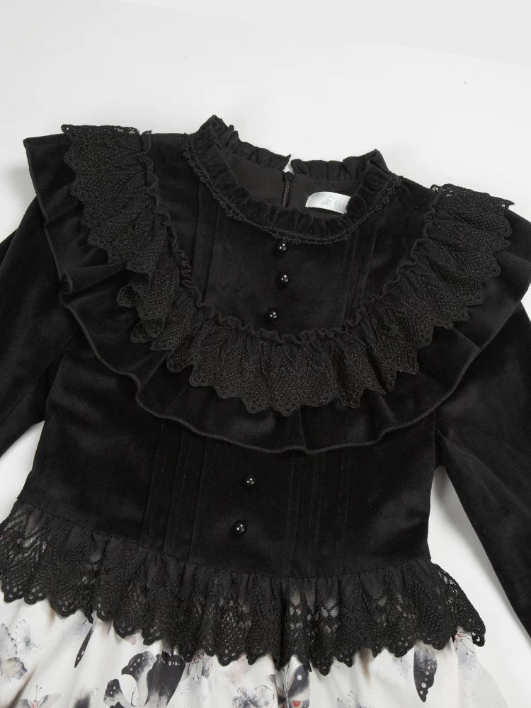 With PUJI - Dead Leaf Butterfly - Gothic Lolita JSK & OP Dress Set, Butterfly Print detail view 4