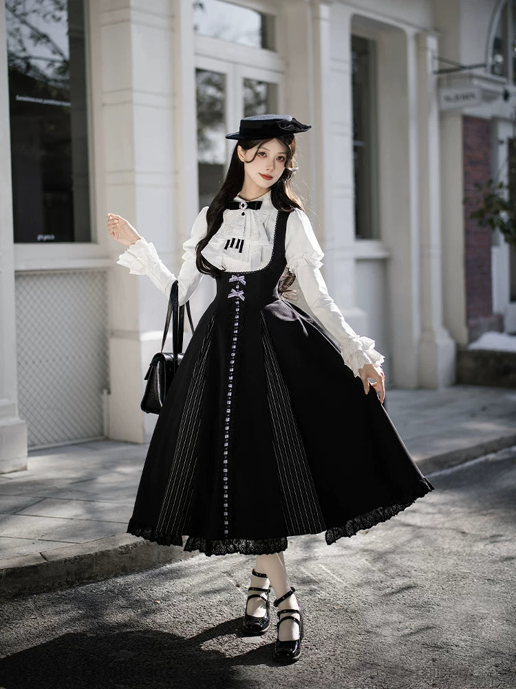 With PUJI - Monochrome Sonata - Classic Lolita Bust-supporting JSK Set, Piano Inspired detail view 3