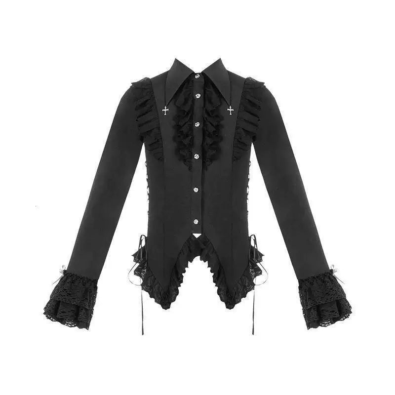 Long-sleeve waist-cinched button-up blouse