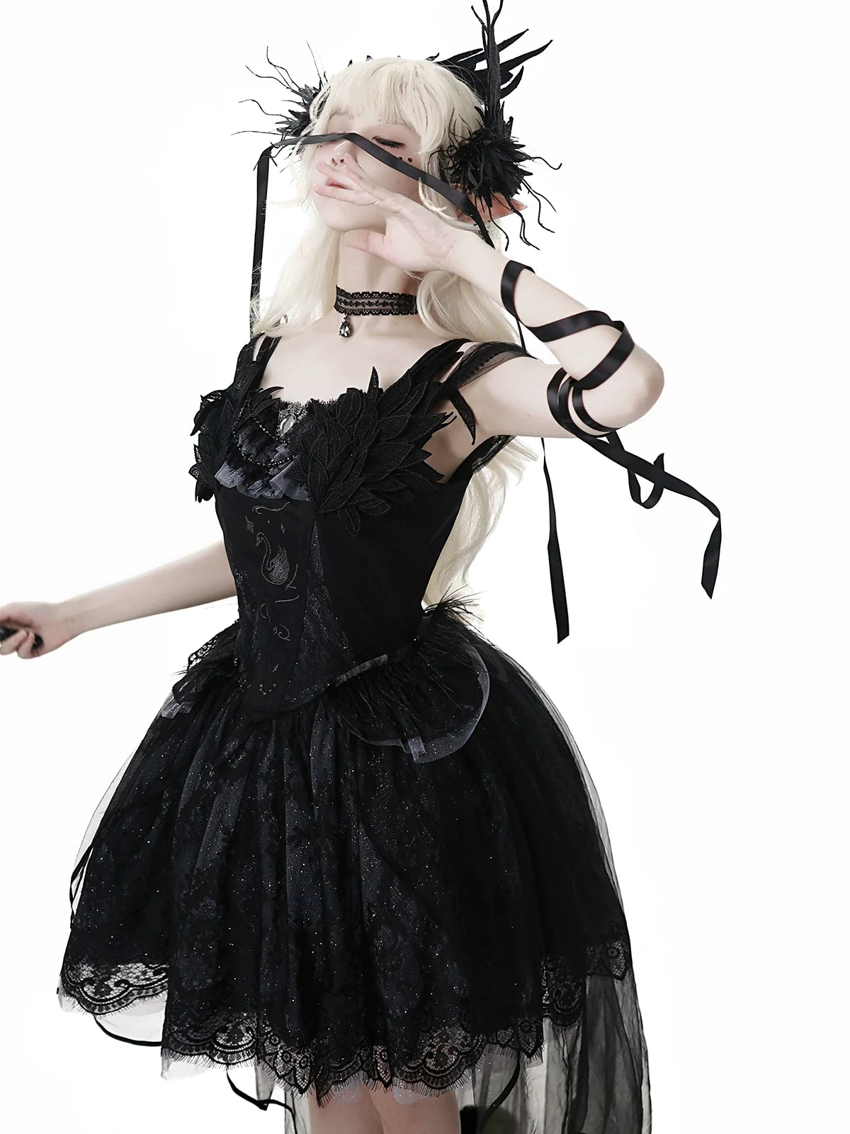 Your Princess - Star Swan Dream - Black Gothic Lolita JSK Dress, Swan Embroidery