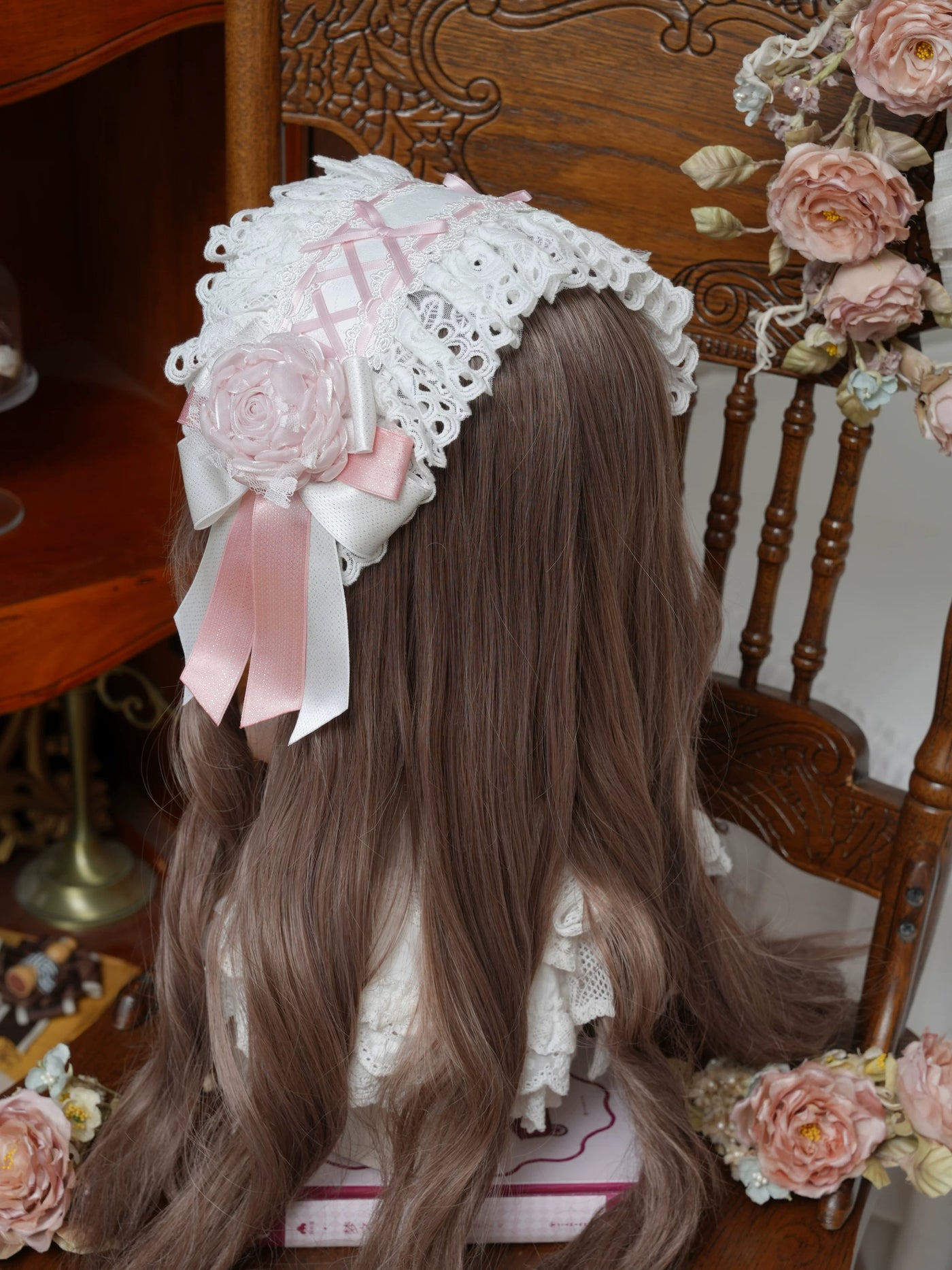 Star Box - Morning Dew Story - White Headwear with a Pink Rose Accent