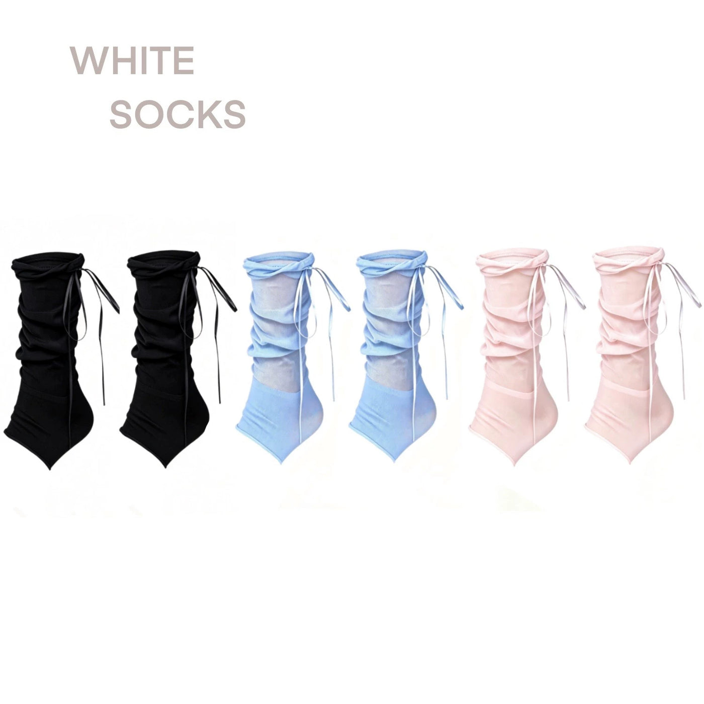 White Socks - Ballet Ribbon - Ruched Stirrup Socks with Side Ties