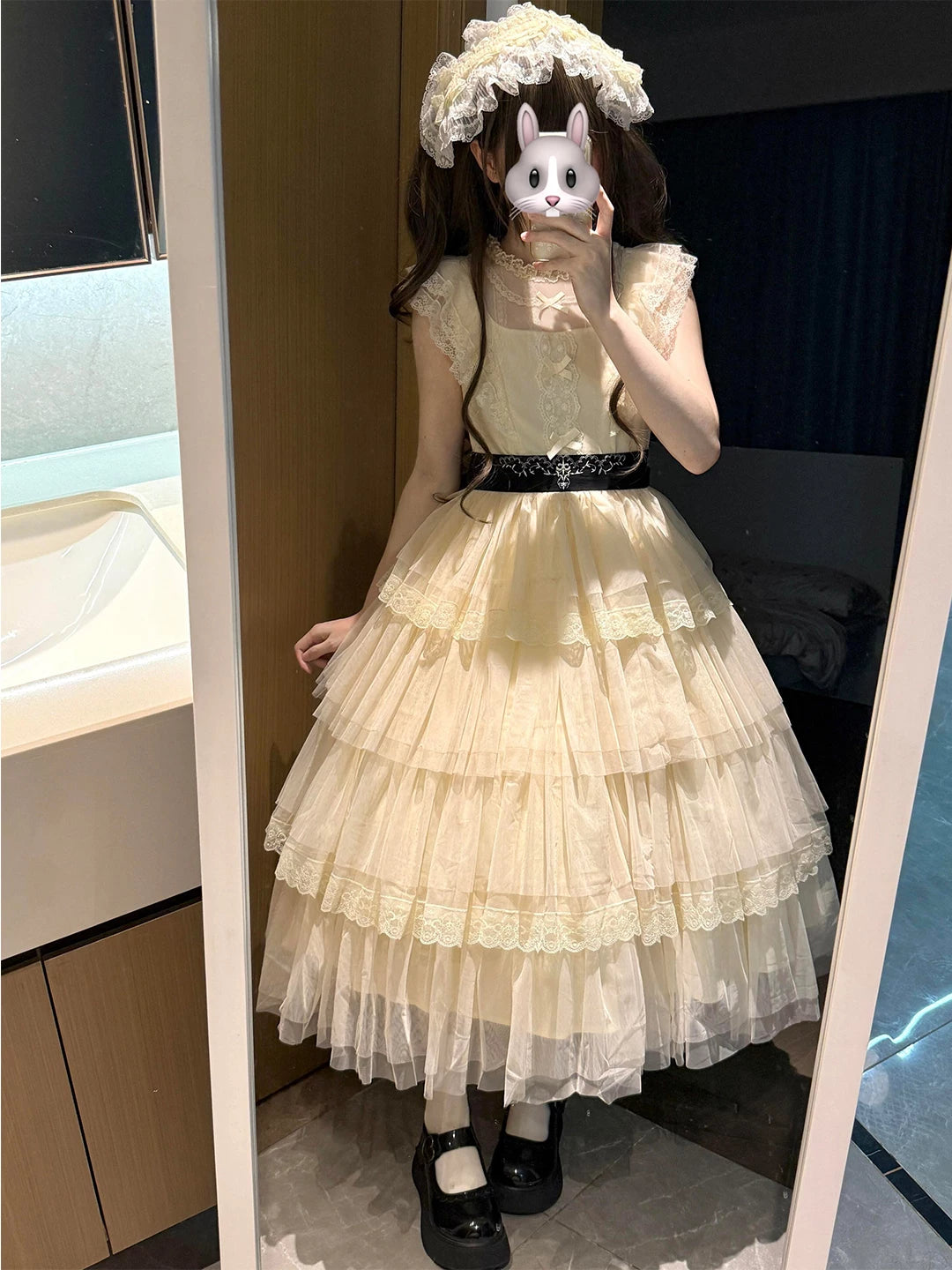 Creamy - Clear Sweet Lace - OP Dress with Tiered Lace Ruffles and Belt