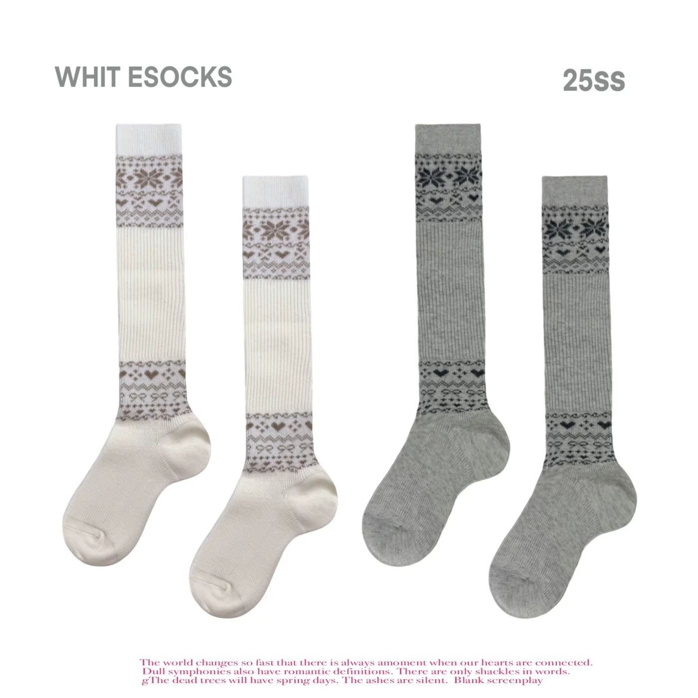 White Socks - Nordic Gray - Mid-Calf Slouch Socks with Fair Isle-Style Bands