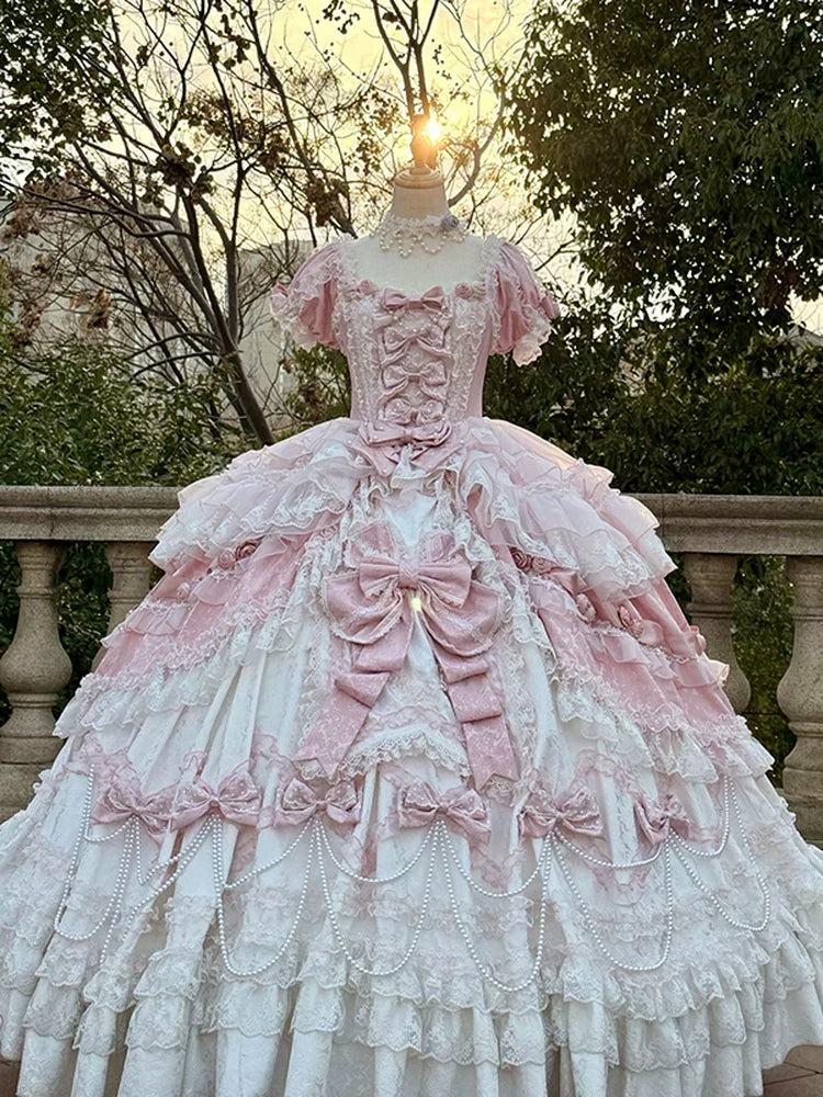 Emoji Dream - Sweet Lolita Formal Gown - Pink and white tiered ball