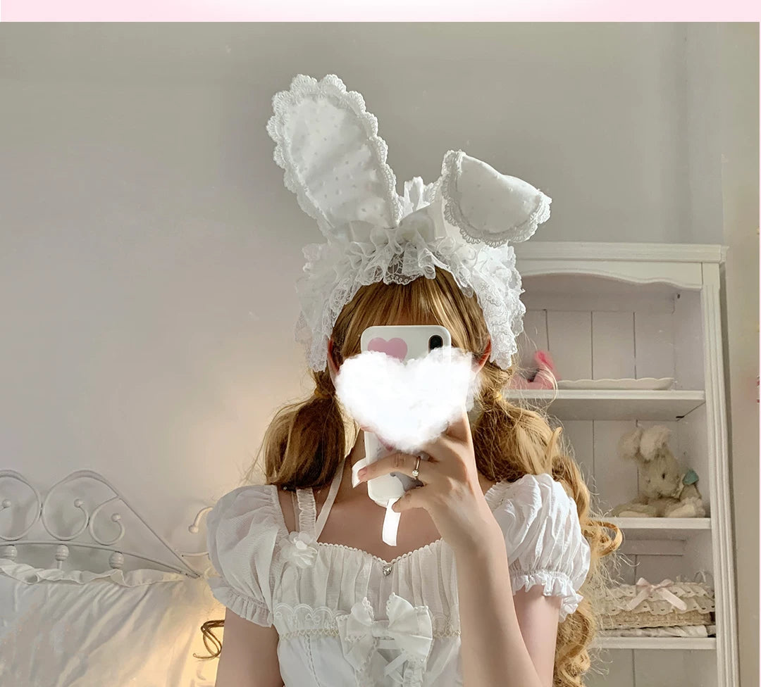 roji roji - Sweet Rabbit Lace - Rabbit-Ear Headband with Layered Lace and Bows